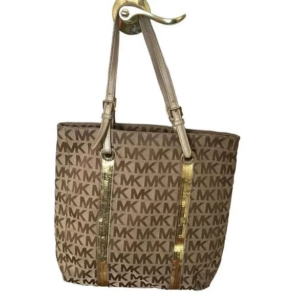Michael Kors Monogram Sequin Brown/GoldTote - Picture 1 of 11